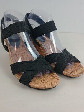 Flex Step Womens 8 Black Straps Lattice Toe‎ Cork Mid Height Heel Wedge Sandals